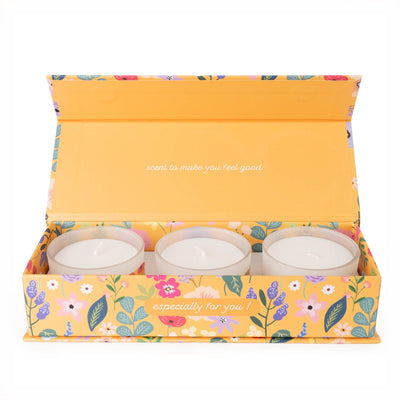 Candlelight Home Boxed Candles Set of 3 Candle Gift Set Happy Birthday - Floral Ochre 4PK