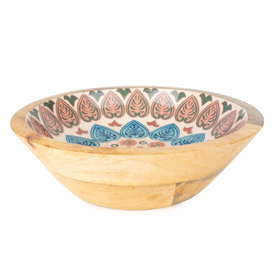 Candlelight Home LARGE MANGO WOOD BOWL WITH ENAMEL MEZE DESIGN